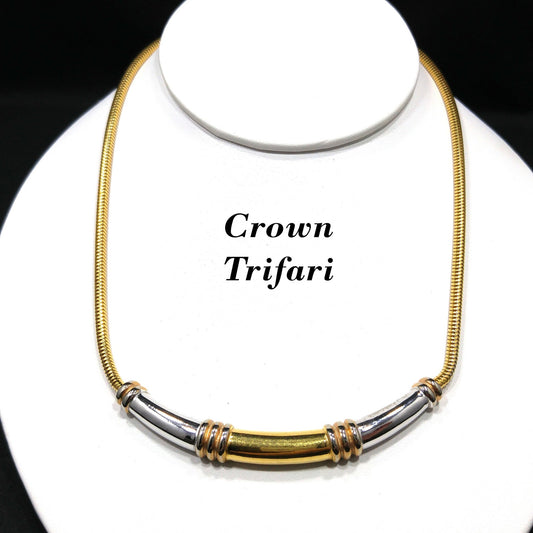 Crown Trifari Two Toned Choker Necklace, Gold Plated, 1960s Vintage Jewelry