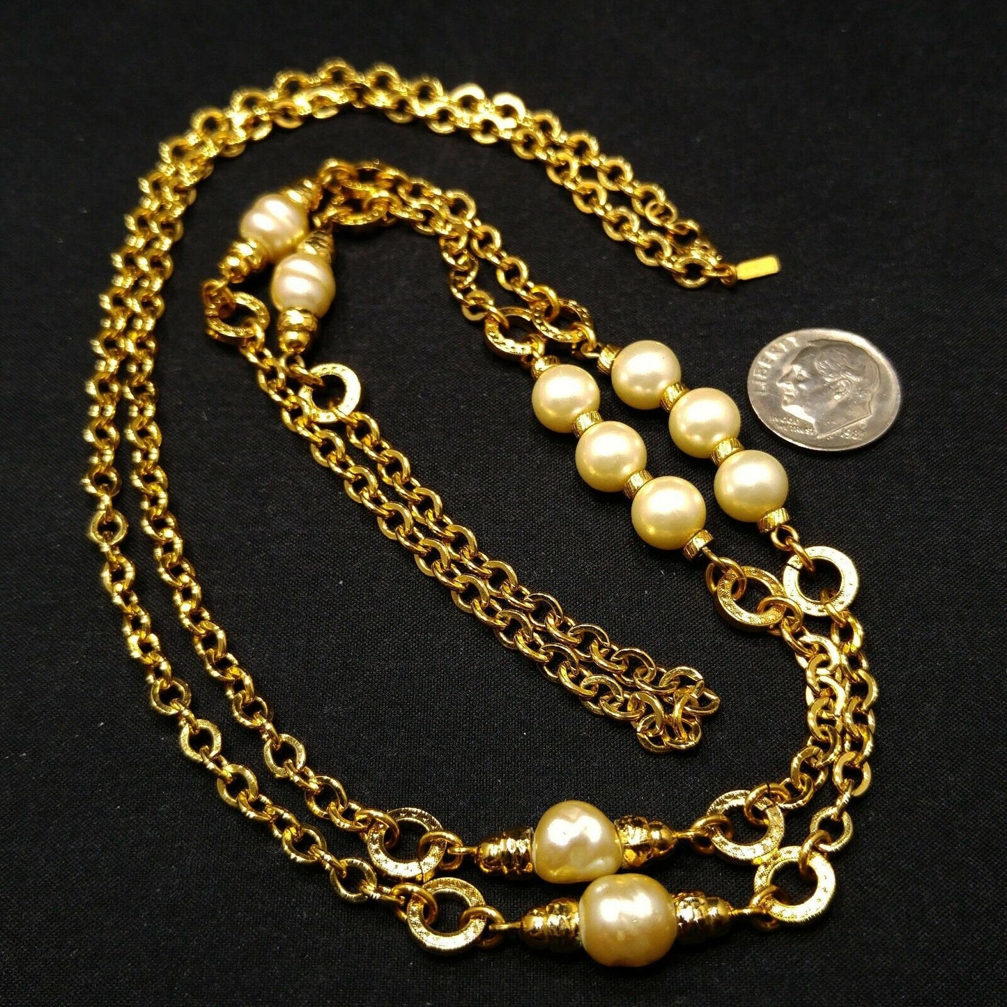 Vintage Monet Long Gold Chain Necklace Faux Pearls 1970s Sister Clasp 36"