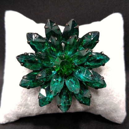 Vintage Emerald Green Rhinestones Floral Japanned Brooch, Mid-Century Flower Pin, 1950s Vintage Jewelry