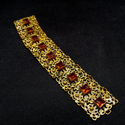 Vintage Filigree Topaz Glass Link Wide Bracelet, Built in Hook On Back, Antique 1920s Vintage Jewelry