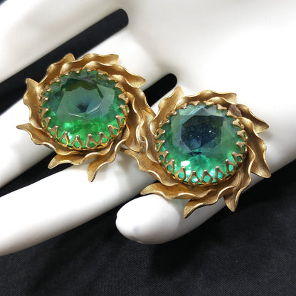 Mid-Century Green Rhinestone Two Flower Brooch, Gold Plated, 1950s Vintage Jewelry