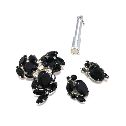Vintage Weiss Black & Clear Rhinestone Brooch and Earrings Set, Rhodium Plated