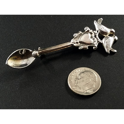 Sterling Silver Love Birds Pin Brooch Signed LANG and STERLING Silver Spoon with Heart and Love Birds Vintage Costume Jewelry from the 1950s