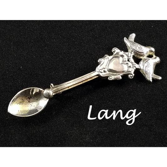 Sterling Silver Love Birds Pin Brooch Signed LANG and STERLING Silver Spoon with Heart and Love Birds Vintage Costume Jewelry from the 1950s