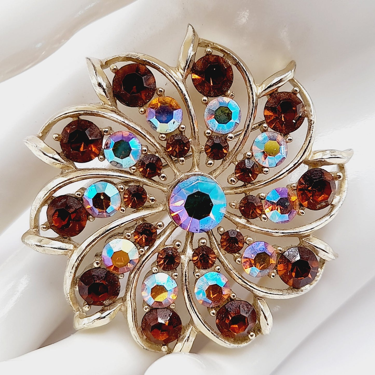 Vintage Topaz AB Rhinestone Flower Brooch Gold Plated 2 Inch Unsigned