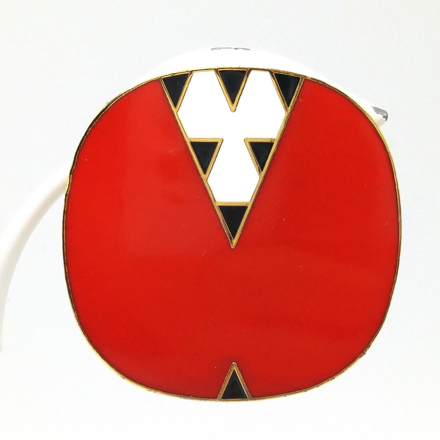 Laurel Burch "Mantra" Large Clip Earrings, Red White Black Enamel, Gold Plated, 1980s Vintage Jewelry