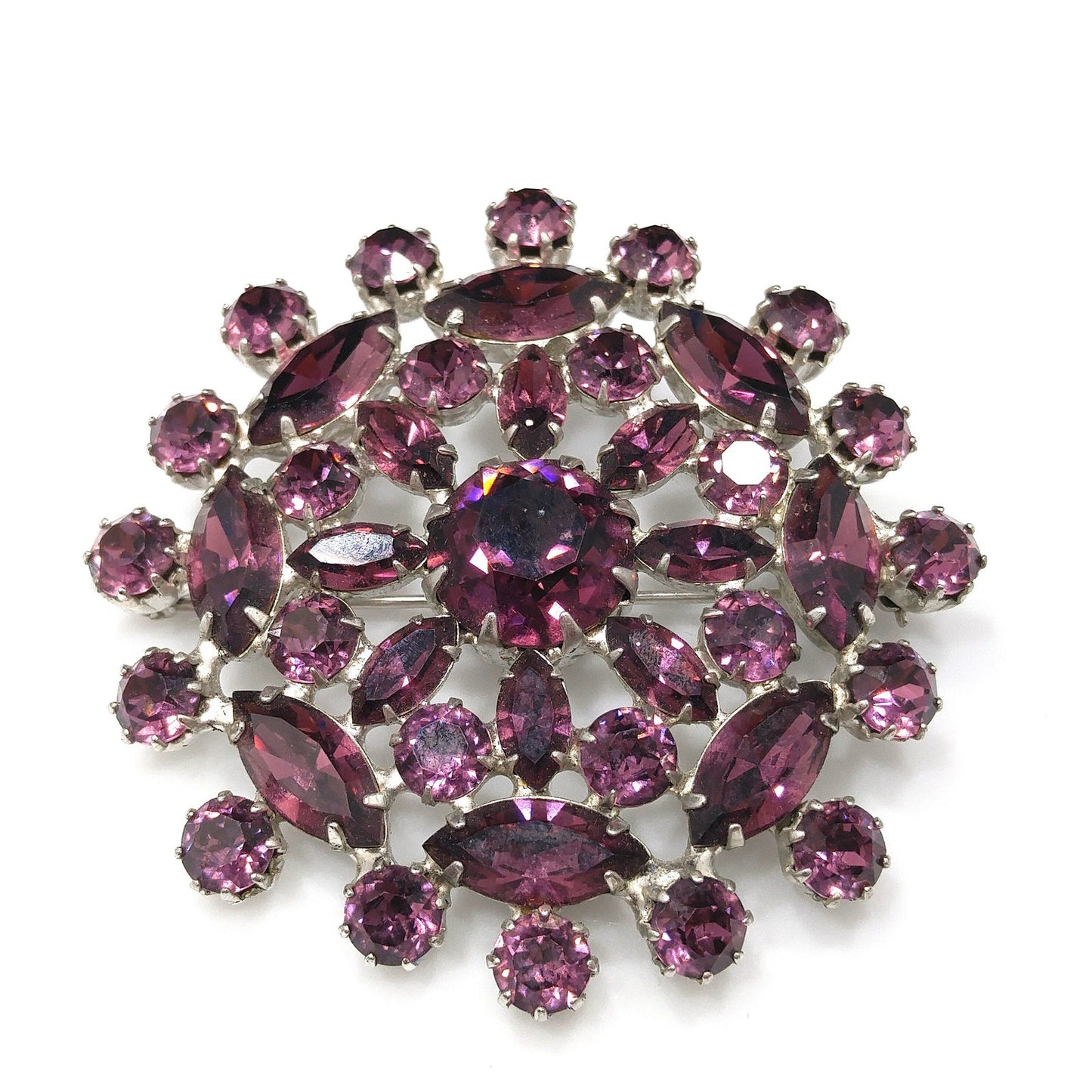 Purple Snowflake Flower Rhinestone Brooch, Rhodium Plated, 1960s Vintage Jewelry