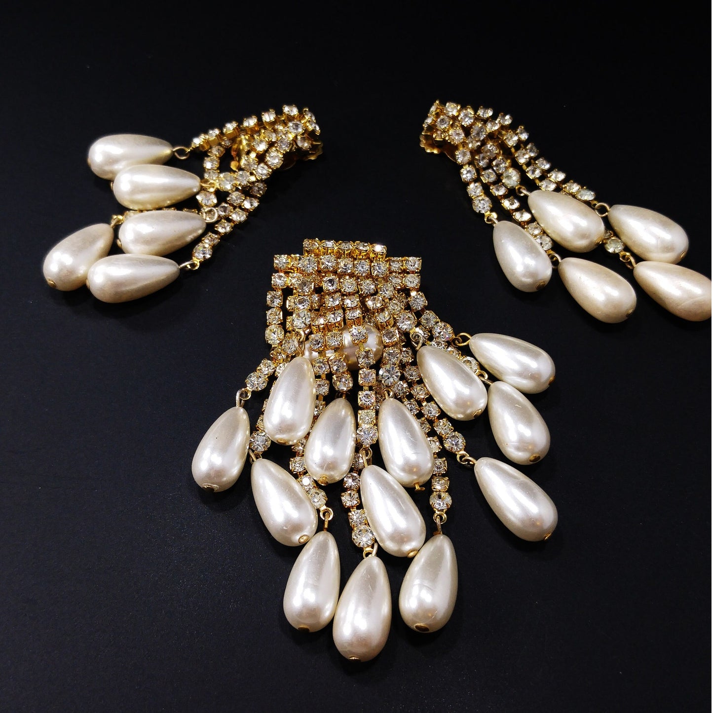 Vintage Rhinestone Gold Plated Brooch & Earrings, Faux Pearls, 1970s