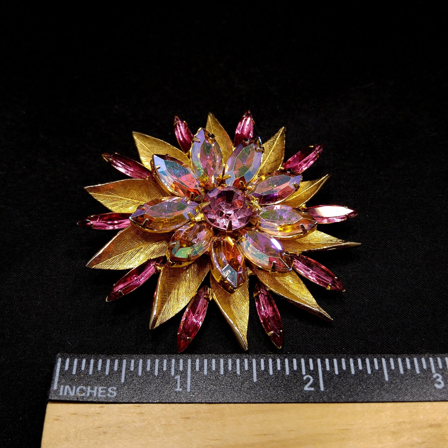 Pink Aurora Borealis Flower Brooch, Gold Plated, Light Dark Pink Rhinestones, 1960s Vintage Jewelry