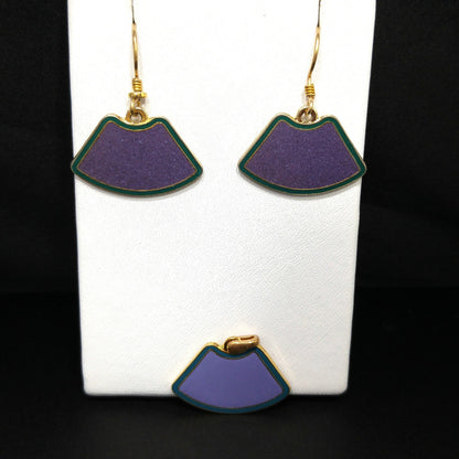 Laurel Burch Purple & Teal Earrings Pendant, Cloisonné Enamel, Gold Plated, 1980s Vintage Jewelry