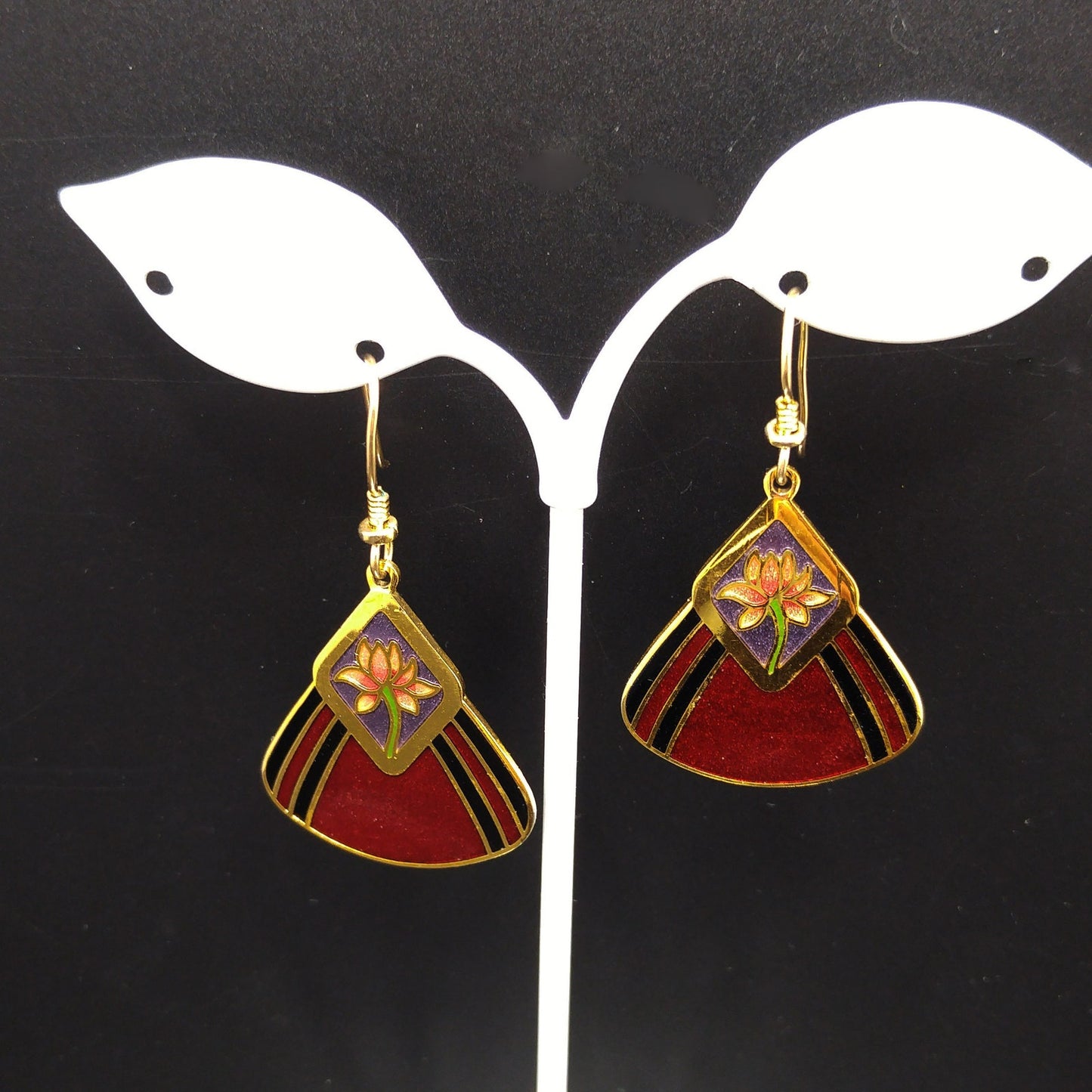 Vintage Laurel Burch "Water Lily" Earrings, Gold Plated, Red Enamel