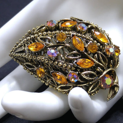 Light Topaz AB Rhinestone Leaves Brooch Earrings Set, 1970s Vintage Jewelry