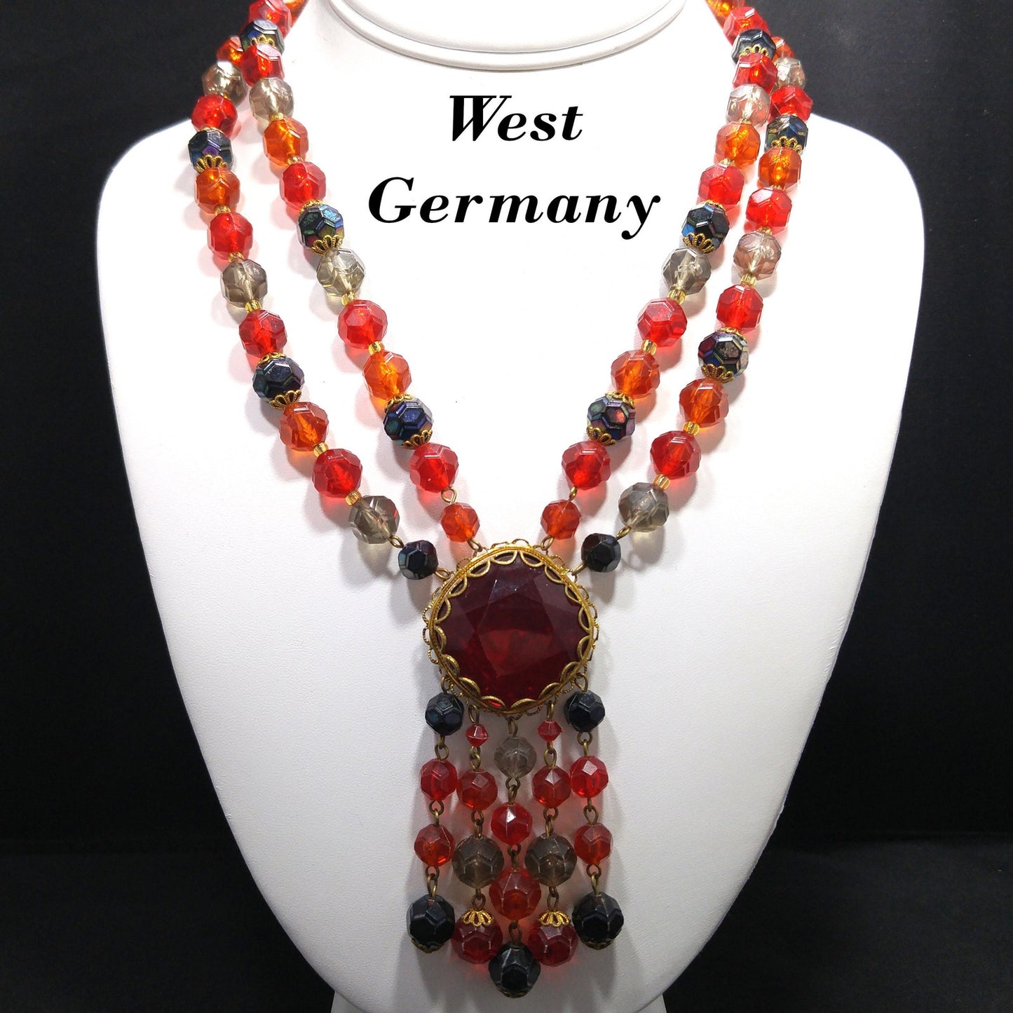 Western Germany Red Glass Pendant Necklace, Lucite Beads, 1950s Vintage Jewelry
