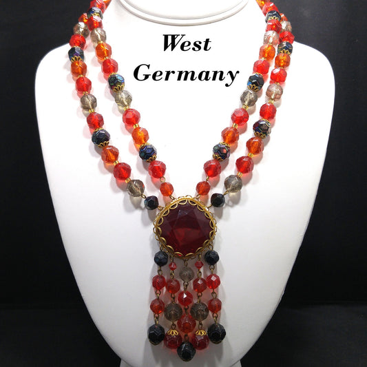 Western Germany Red Glass Pendant Necklace, Lucite Beads, 1950s Vintage Jewelry
