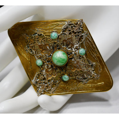 Vintage Brass Sash Pin, Green Marbled Cabochon, Early 1900s Vintage Jewelry
