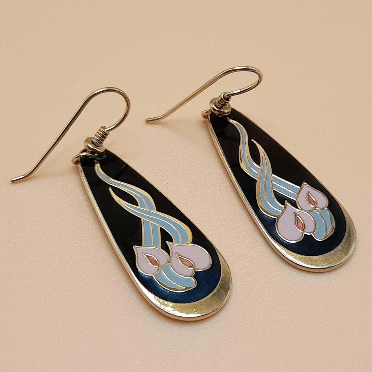 Vintage Laurel Burch "Wild Anthurium" Floral Earrings, Gold Plated, Cloisonné Enamel, 1980s Vintage Jewelry