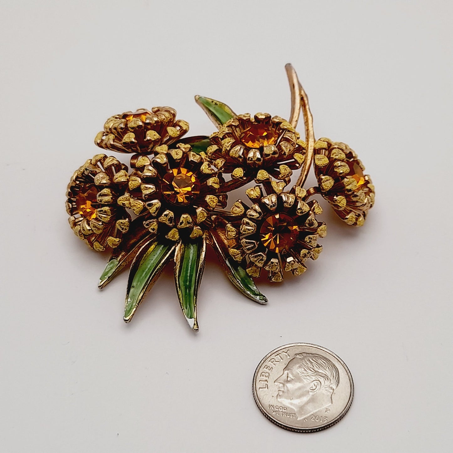 Vintage Weiss Sunflower Brooch, Topaz Rhinestones, Enamel