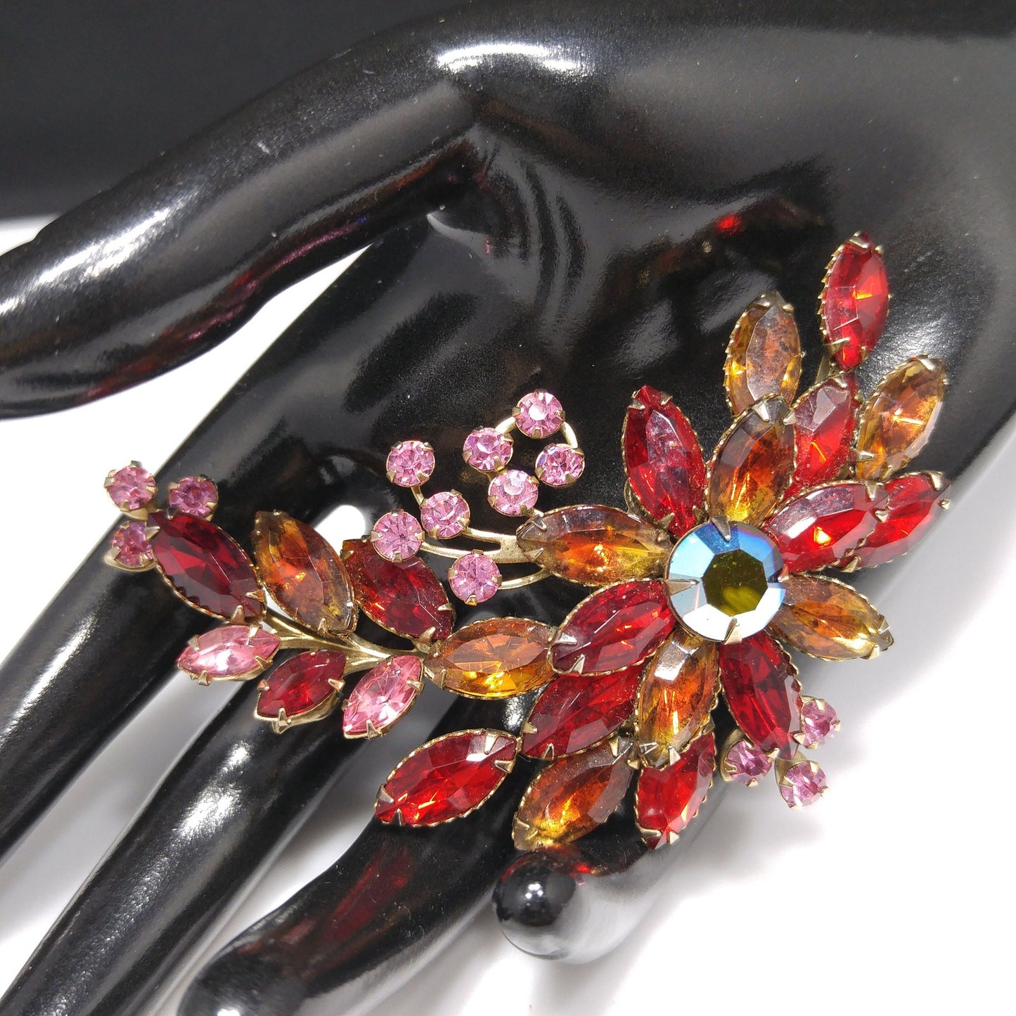 Red Rhinestone Floral Spray Brooch, Gold Plated, 1950s Vintage Jewelry