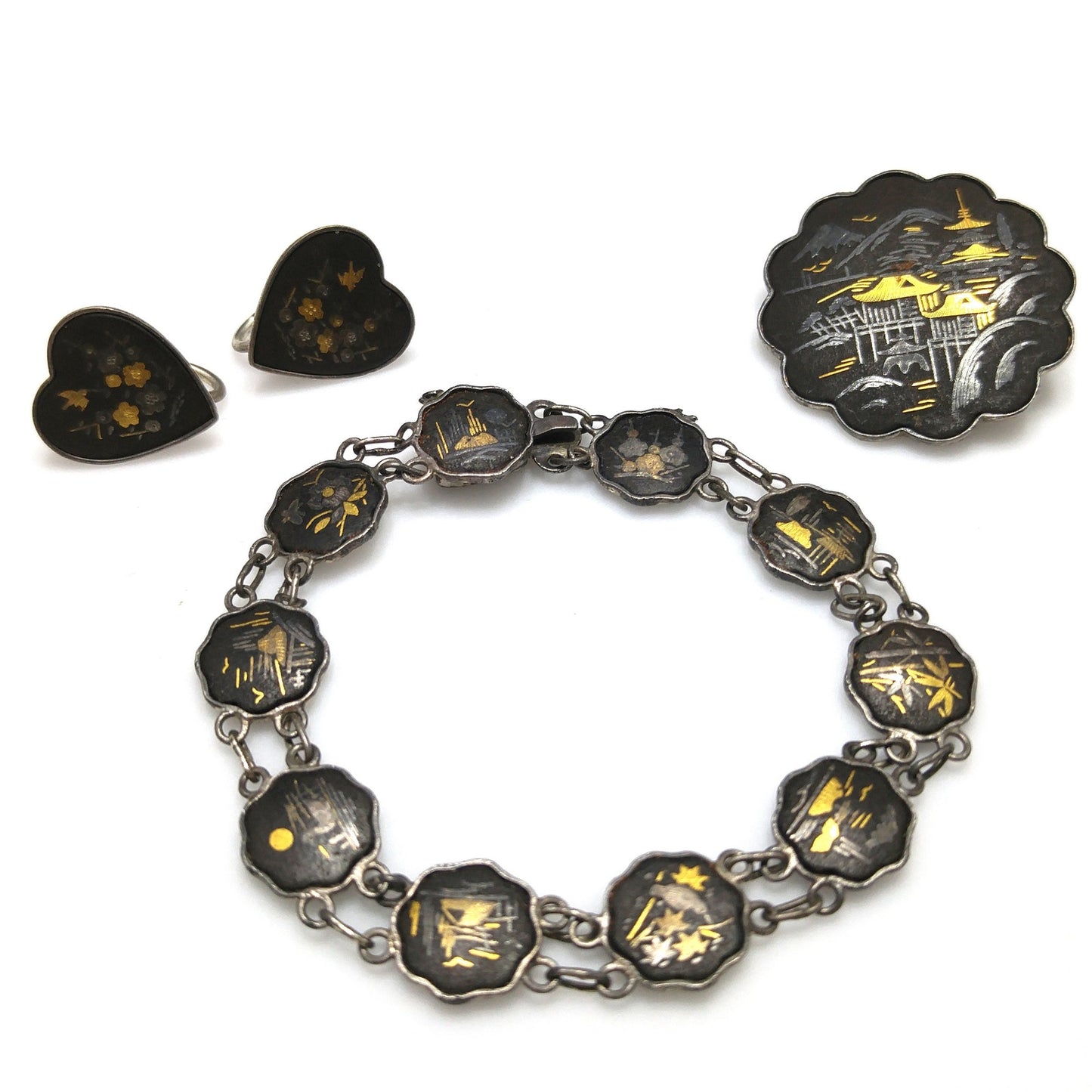 Japanese Damascene Silver Jewelry, Bracelet Brooch Earrings, 1940s Vintage Jewelry