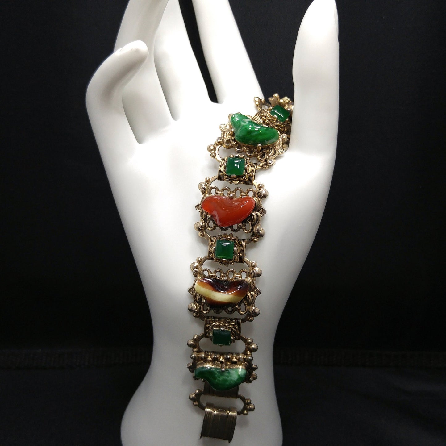 Vintage Book Chain Glass Links Bracelet, Green Red Brown White Glass, 1950s Vintage Jewelry