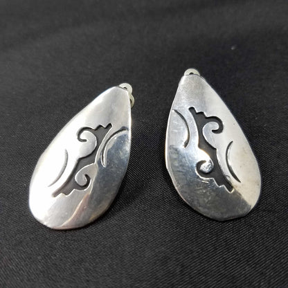 Vintage Navajo T. Billy Sterling Silver Clip Earrings, Black Enamel