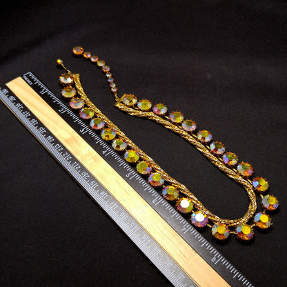 Hattie Carnegie Gold Rhinestone Necklace, Rope Chain Aurora Borealis, 1960s Vintage Jewelry