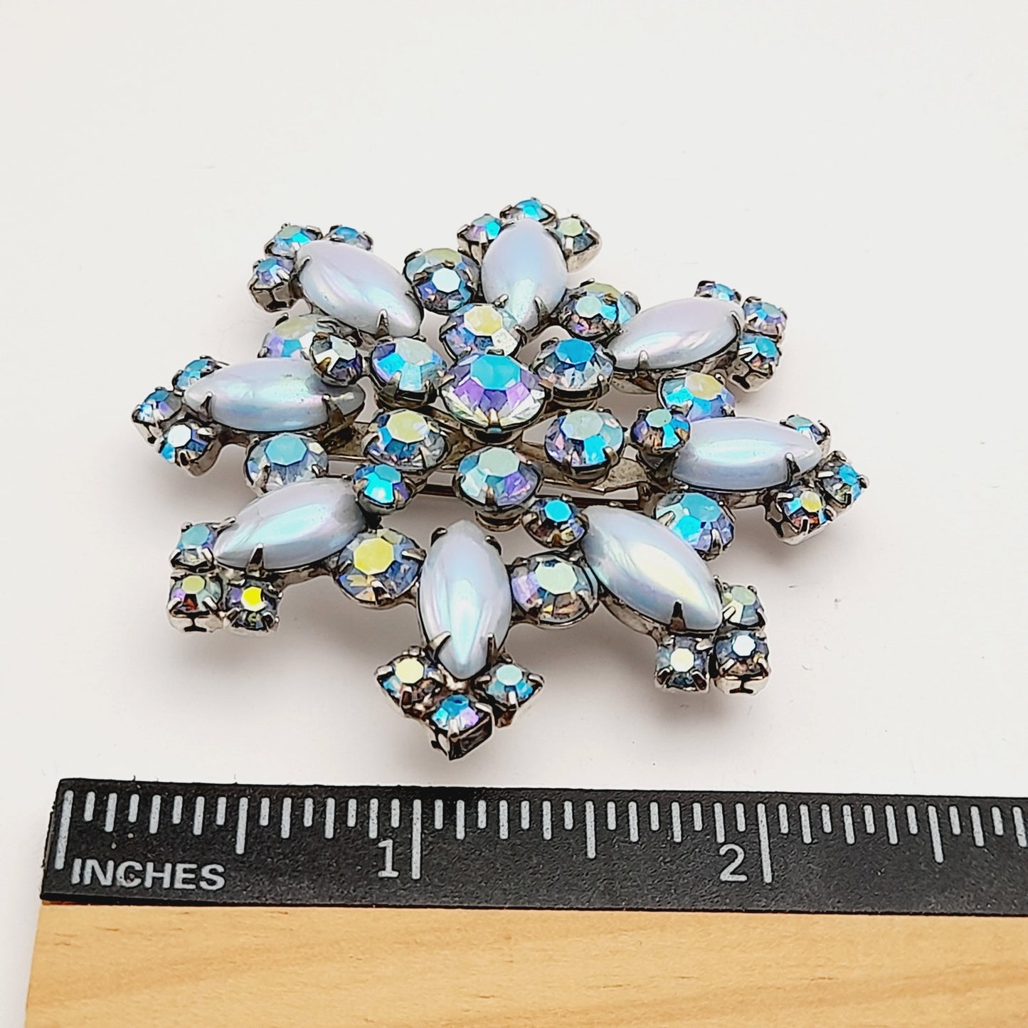 Vintage Blue Aurora Borealis Snowflake Brooch Pin