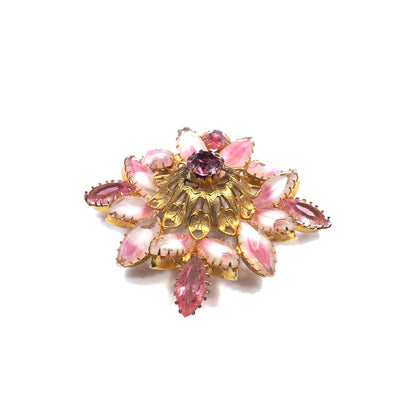 Pink Rhinestone Art Glass Domed Floral Brooch, Gold Plated Filigree, 1960s Vintage Jewelry