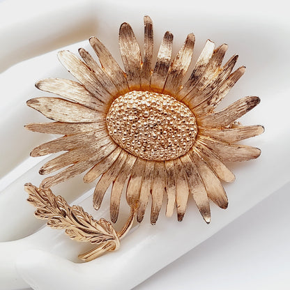 Vintage Marvella Signed Sunflower Brooch - 2 3/4 Inches, Gold Plated
