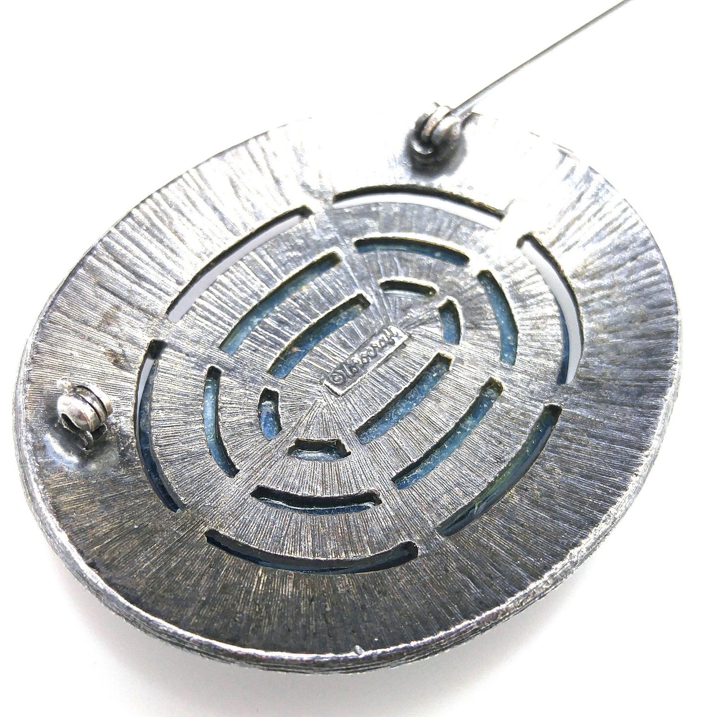 Corocraft Blue Art Glass Brooch, Silver Etched Frame, 1940s Vintage Jewelry