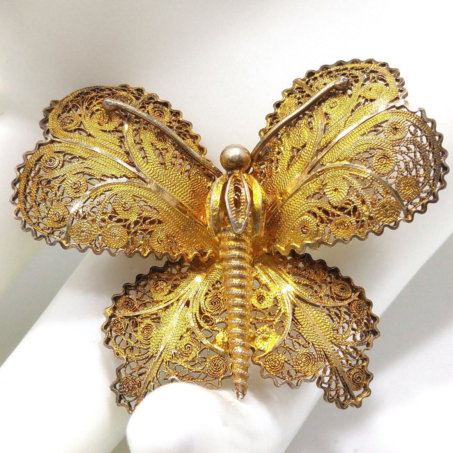 Vintage Topazio Portugal 925 Vermeil Filigree Butterfly Brooch 1940s