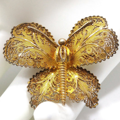 Vintage Topazio Portugal 925 Vermeil Filigree Butterfly Brooch 1940s