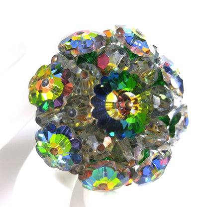 Margarita Rhinestone Round Brooch, Green Pink Blue Floral Crystals, 1960s Vintage Jewelry