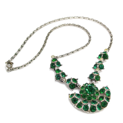 Bogoff Green Rhinestone Pendant Choker Necklace, Rhodium Plated, 1940s Vintage Jewelry