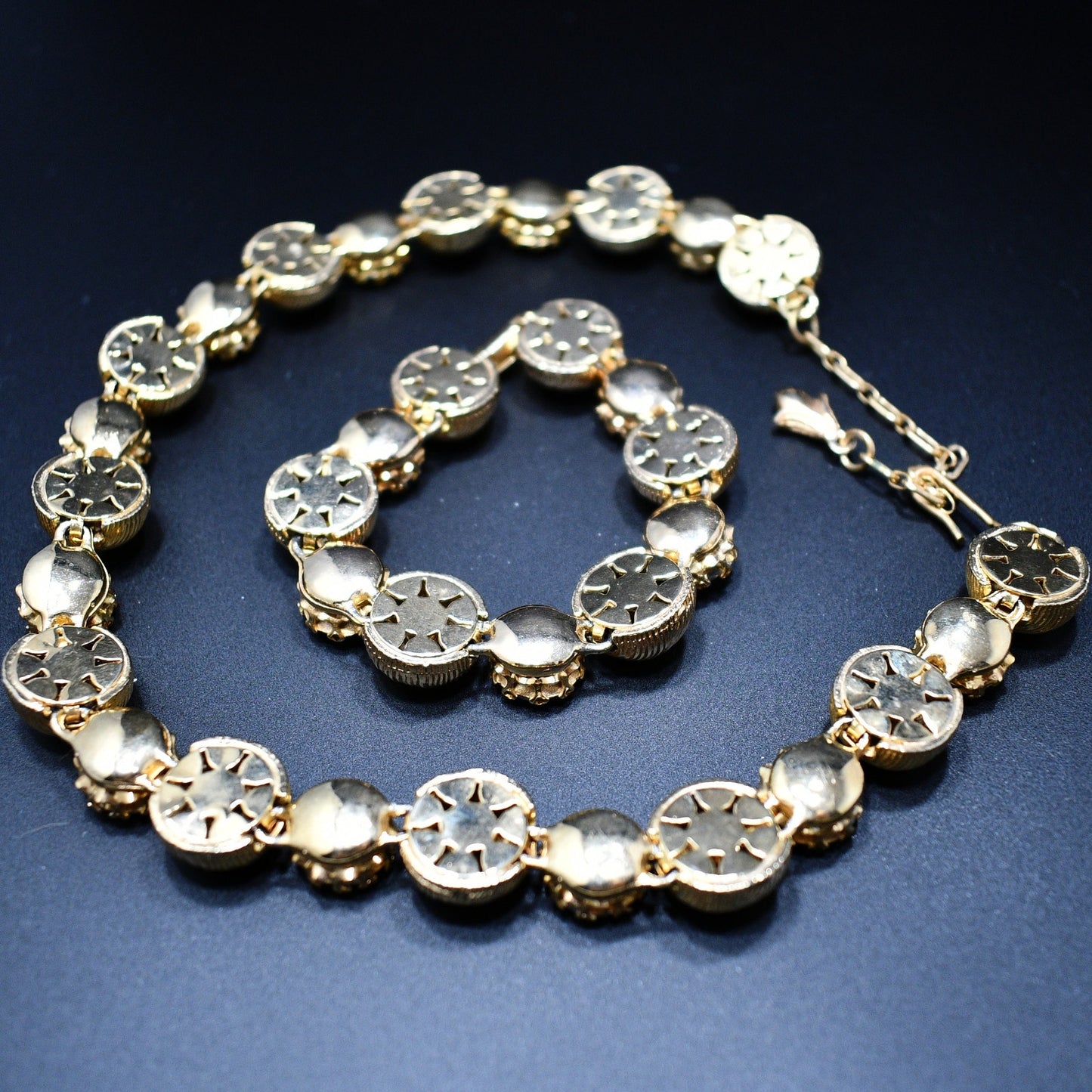 Kramer Necklace & Bracelet Set, Gold Plated, Headlight Diamante Rhinestones, 1960s Vintage Jewelry
