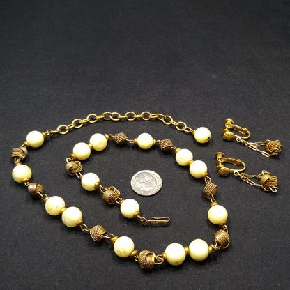 Vintage Hobe' Light Yellow Lucite Beaded Necklace & Matching Earrings, Gold Plated, 1950s