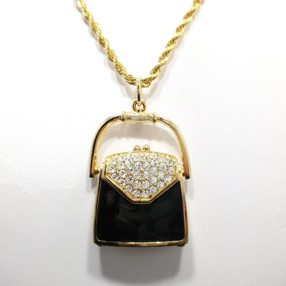 Swarovski Purse Pendant Necklace, Black Enamel & Crystal Handbag Locket, Vintage 1980s Jewelry