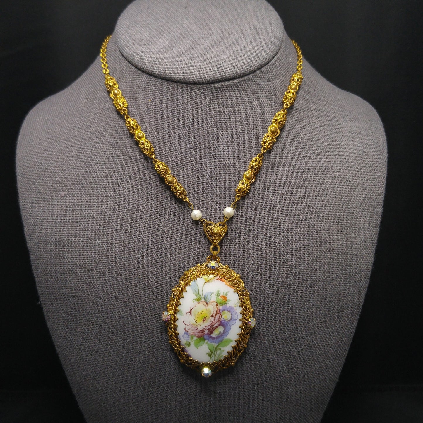 Western Germany Purple Floral Pendant Necklace, Filigree Rhinestones Faux Pearls, 1950s Vintage Jewelry