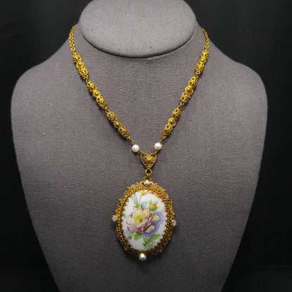 Western Germany Purple Floral Pendant Necklace, Filigree Rhinestones Faux Pearls, 1950s Vintage Jewelry