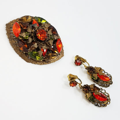 Vintage Filigree Rhinestone Brooch & Earrings, Orange Green Topaz Crystals, Floral Brass Tones, 1950s Vintage Jewelry