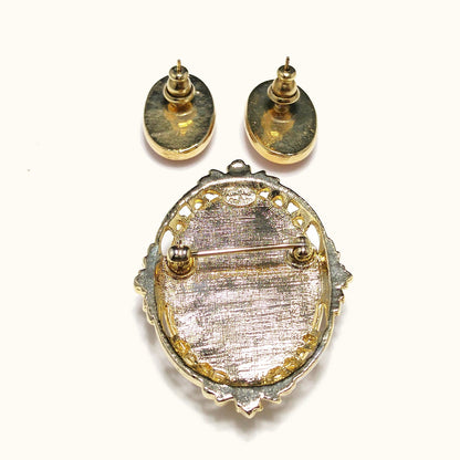 Whiting & Davis Cameo Brooch Post Earrings Set, Lucite Jewelry, 1970s Vintage