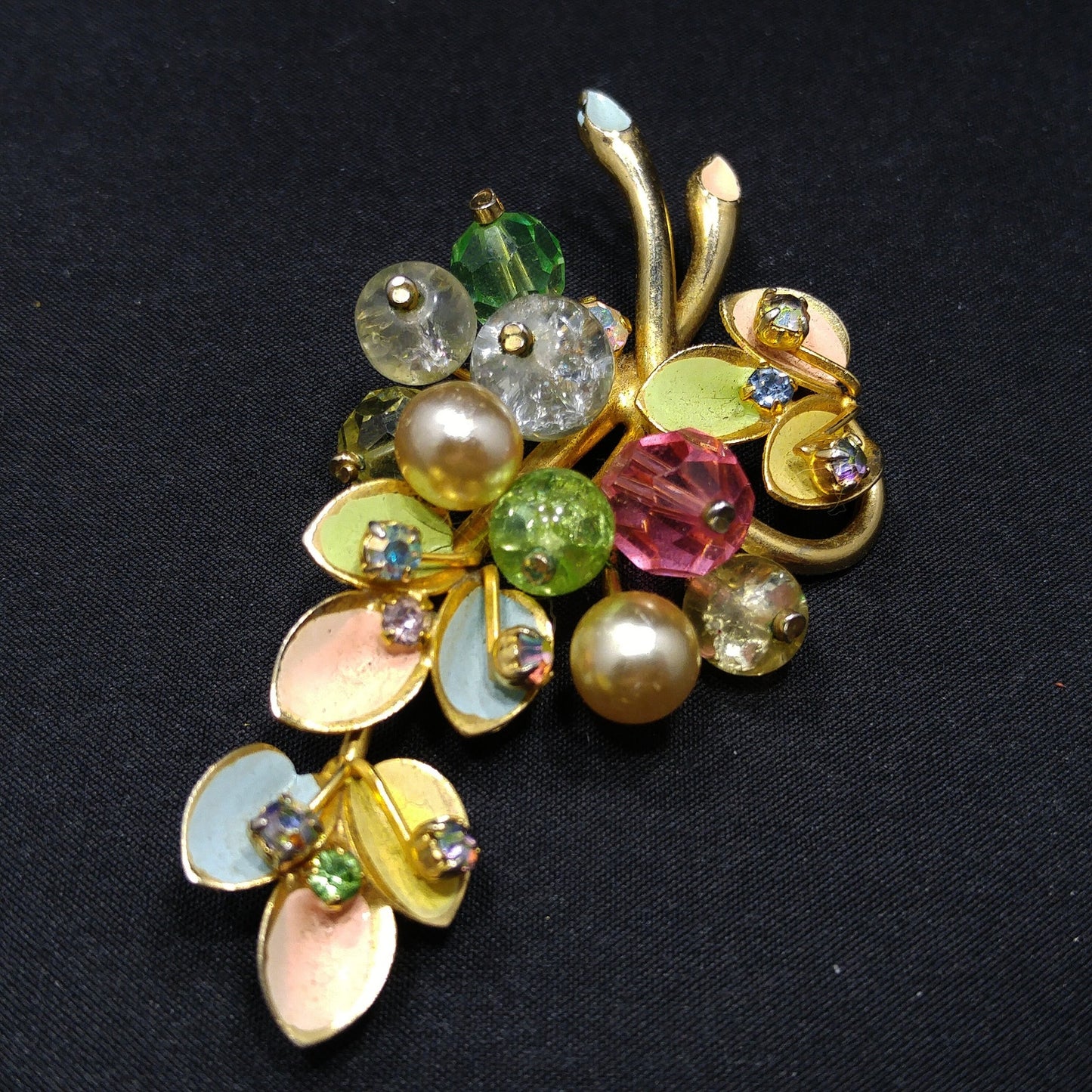 Kramer Made in Austria Floral Brooch, Rhinestones & Enamel Pastels 1950s Vintage