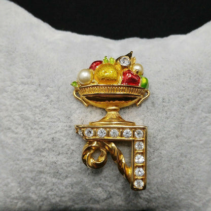 Swarovski Fruit Bowl Brooch, Enamel & Rhinestones, Vintage 1980s
