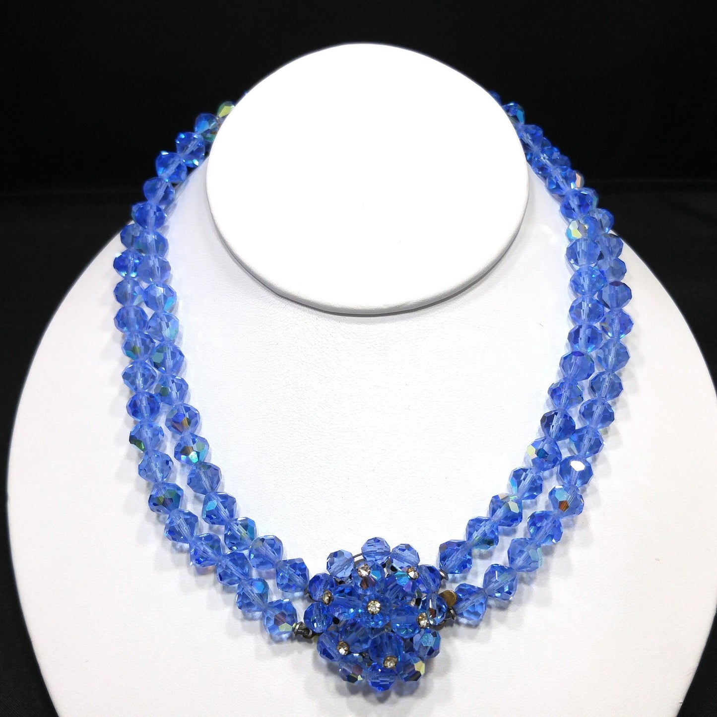 Vintage 1950s Aurora Borealis Blue Crystal Beaded Two-Strand Choker Necklace – Rhinestone Clasp