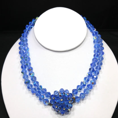 Vintage 1950s Aurora Borealis Blue Crystal Beaded Two-Strand Choker Necklace – Rhinestone Clasp