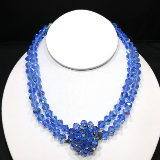 Vintage 1950s Aurora Borealis Blue Crystal Beaded Two-Strand Choker Necklace – Rhinestone Clasp