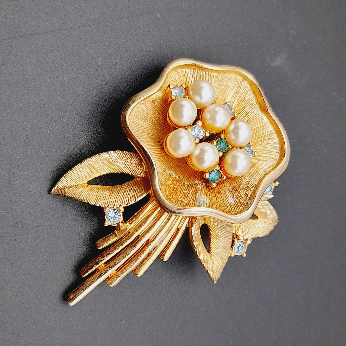 Vintage Ledo 1962 Floral Brooch, Gold Plated Faux Pearl Rhinestone Pin, Signed Mid Century Jewelry