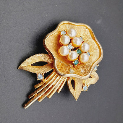 Vintage Ledo 1962 Floral Brooch, Gold Plated Faux Pearl Rhinestone Pin, Signed Mid Century Jewelry