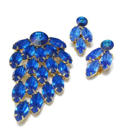 Mid Century Blue Rivoli Brooch & Earrings, Gold Plated, 1960s Vintage Jewelry