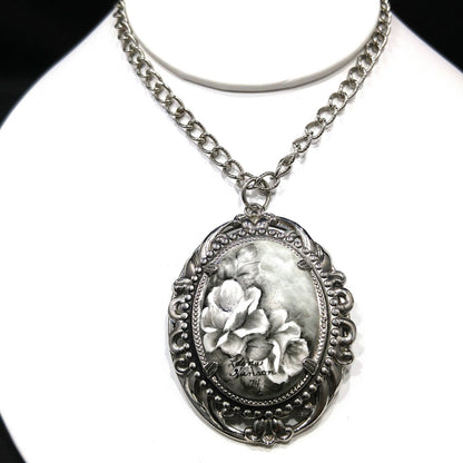 Hand Painted Monochrome Flower Pendant Necklace, Signed & Dated, 1970s Vintage Jewelry